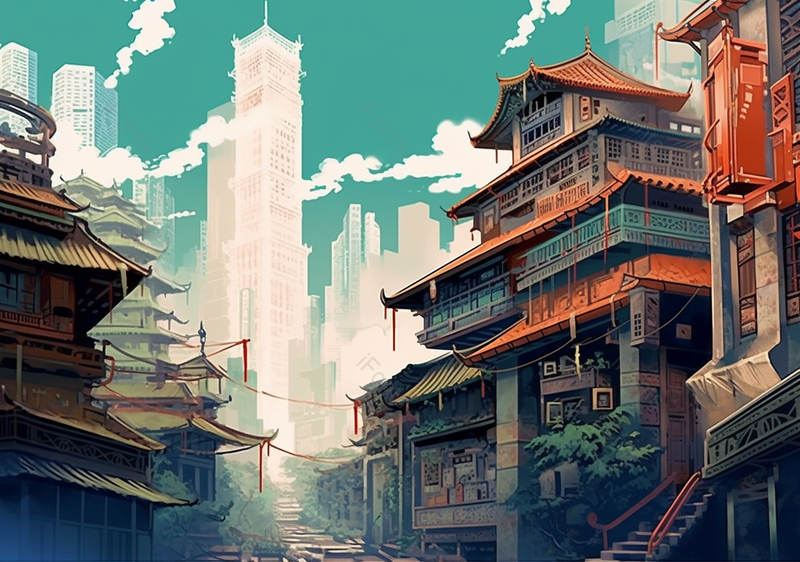 新中式中国风现代古老建筑插画,插画/手绘图,插画/手绘图库,插画/手绘图下载,插画/手绘